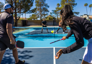 Jugadora preparando un saque durante un partido de pickleball en pista azul